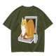 Olive T-Shirt with a Sleeping Cat on a Laptop Print