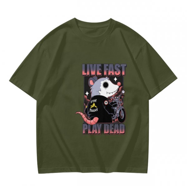 Olive t-shirt with live fast play dead opossum biker graphic