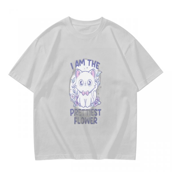 Olive T-Shirt With Cute White Cat 'I Am The Prettiest Flower' Print