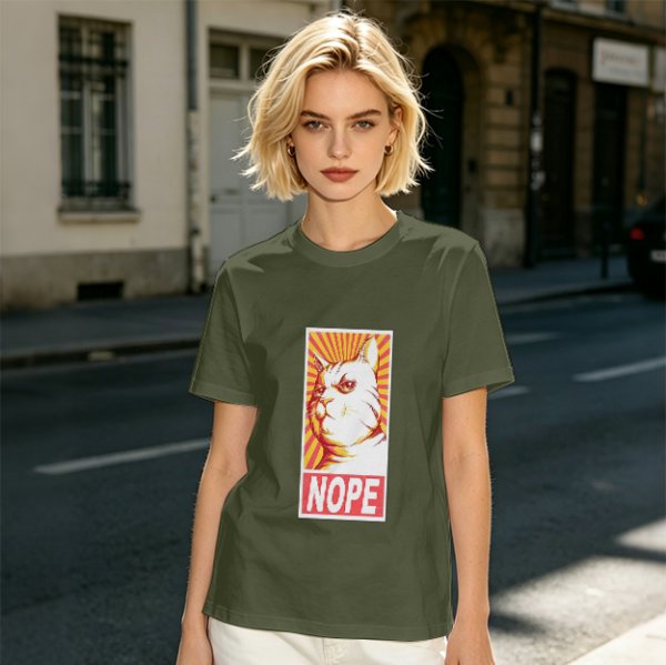 Olive Green T-Shirt With Grumpy Cat 'NOPE' Propaganda Print