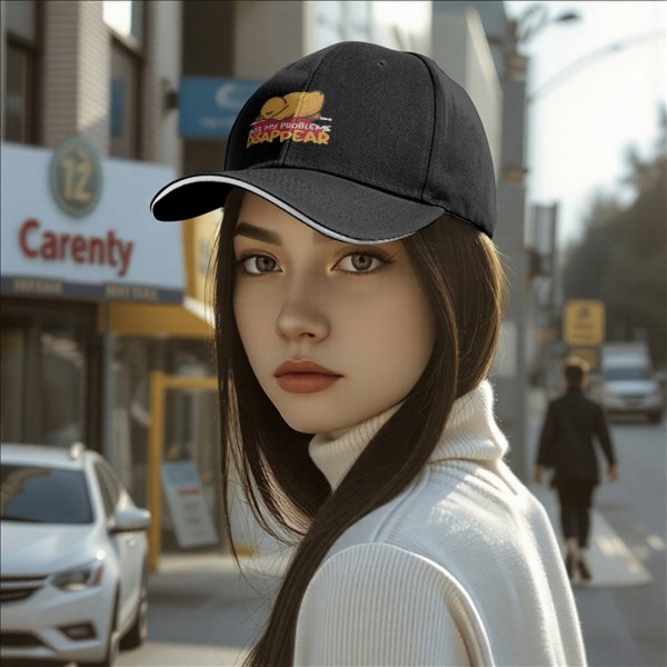 Black baseball cap with sleeping duck graphic and 'Until My Problems Disappear' text