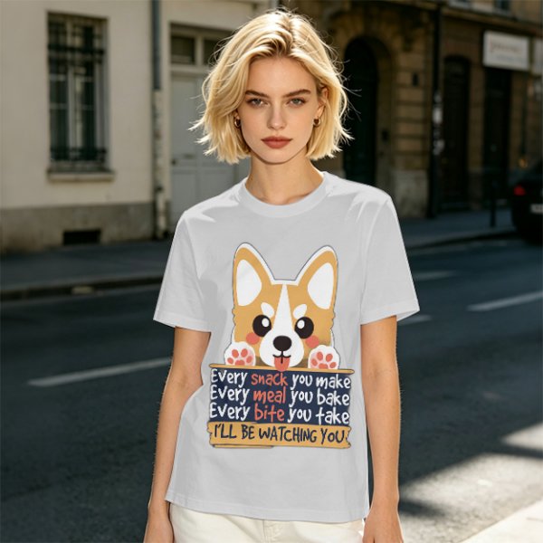 Olive t-shirt with corgi graphic and 'I'll Be Watching You' snack quote