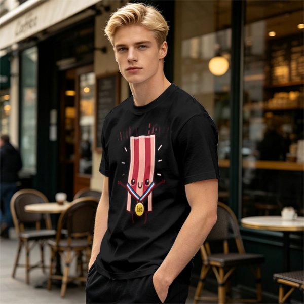 Olive T-Shirt With Cartoon Bacon Champion Medal Print