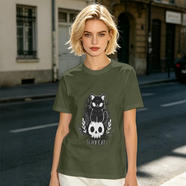 Olive green graphic t-shirt with black cat and skull print