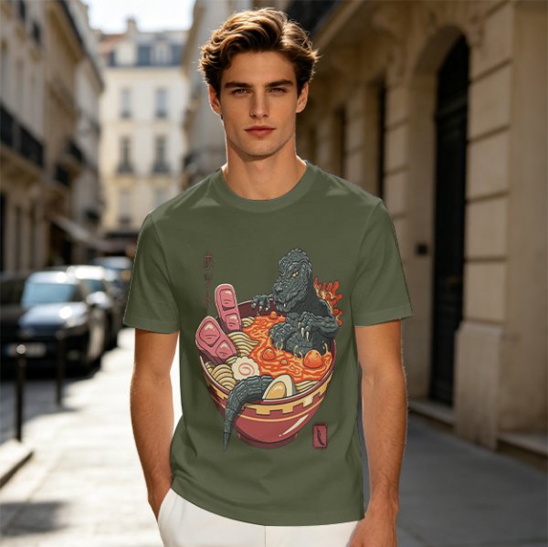 Godzilla in spicy ramen bowl graphic tee