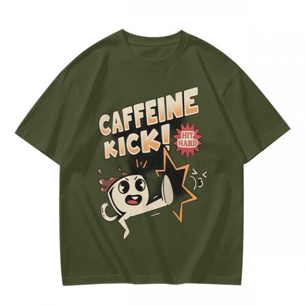 Olive graphic tee with caffeine kick cartoon coffee cup design