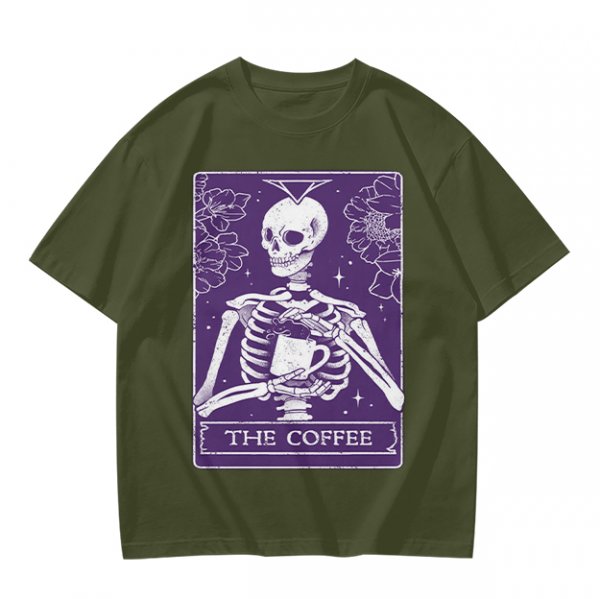 Olive T-Shirt With Skeleton Tarot Card 'The Coffee' Print