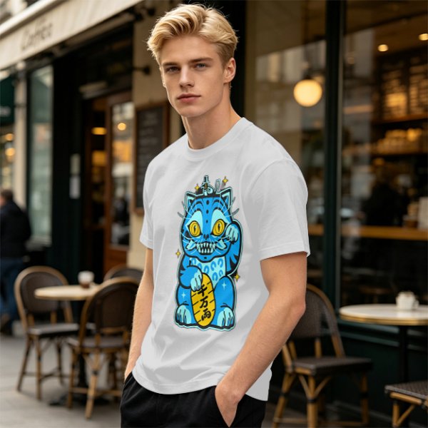 Olive T-Shirt With Blue Maneki-Neko Monster Graphic Print