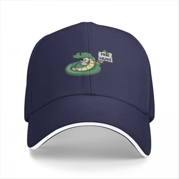 Black baseball cap with a snake holding a FREE HUGS sign and a mouse