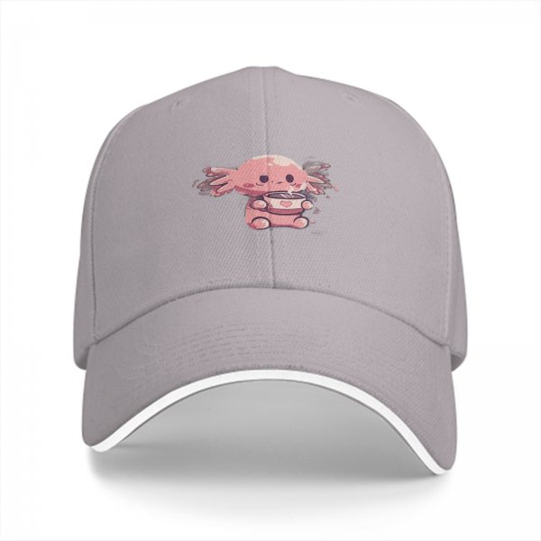 Black baseball cap with cute axolotl holding a heart mug design