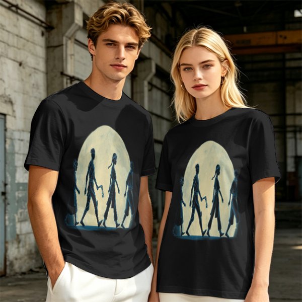 Olive T-shirt with Walking Silhouettes Under a Large Moon