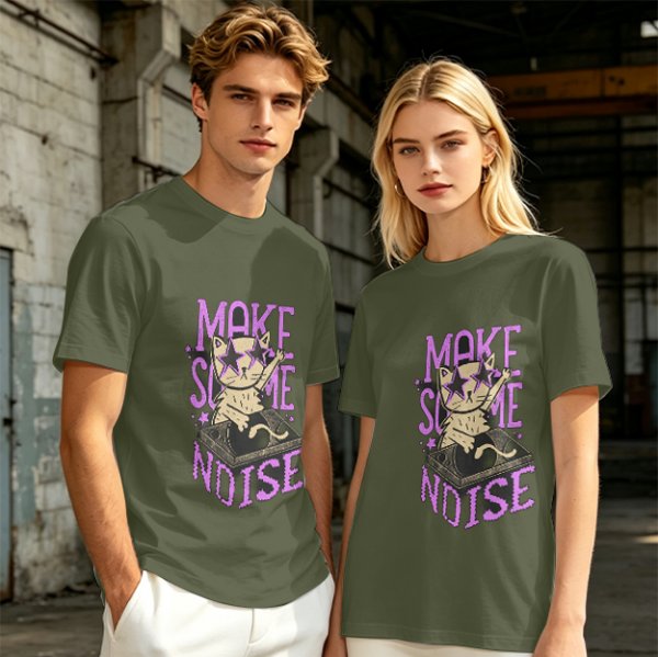 Olive T-Shirt with DJ Cat Graphic and Make Some Noise Text