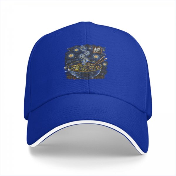 Black baseball cap with starry night ramen bowl graphic