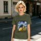 Olive T-Shirt with Starry Night Cat and Sunflowers Art Print