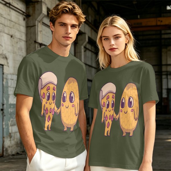 Olive Green T-Shirt With Cute Pizza And Corn Holding Hands Art