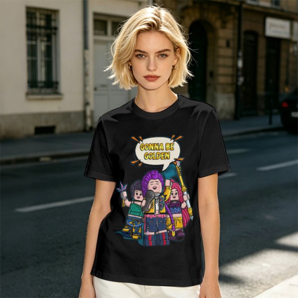 Olive T-shirt with Lego-style characters and 'Gonna Be Golden' print