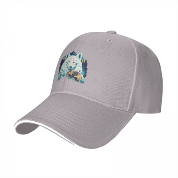 Black Baseball Cap With White Wolf And Moon Graphic Design