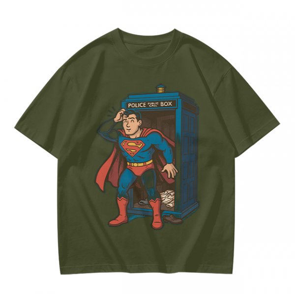 Olive T-shirt with Superman emerging from TARDIS police box graphic