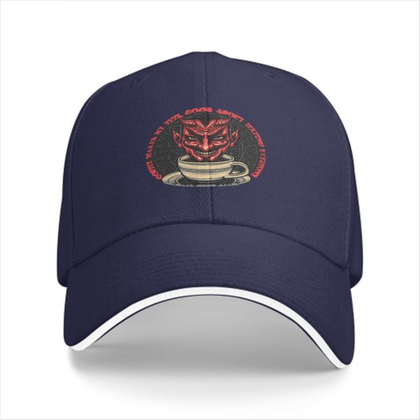 Black Baseball Cap With Devil In Coffee Cup Graphic