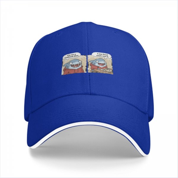 Black baseball cap with funny shark seafood diet meme print