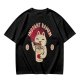 Olive green t-shirt with a cartoon cat eating instant ramen