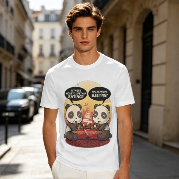 Olive t-shirt with pandas debating life beyond eating and sleeping