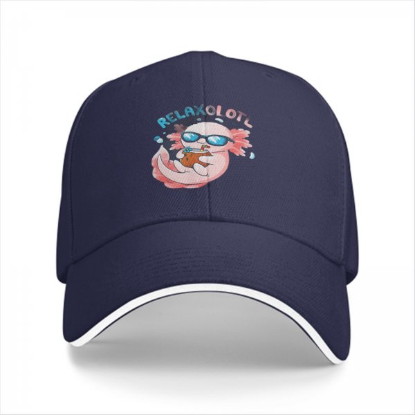 Black baseball cap with a relaxed axolotl graphic and 'RELAXOLOTL' text