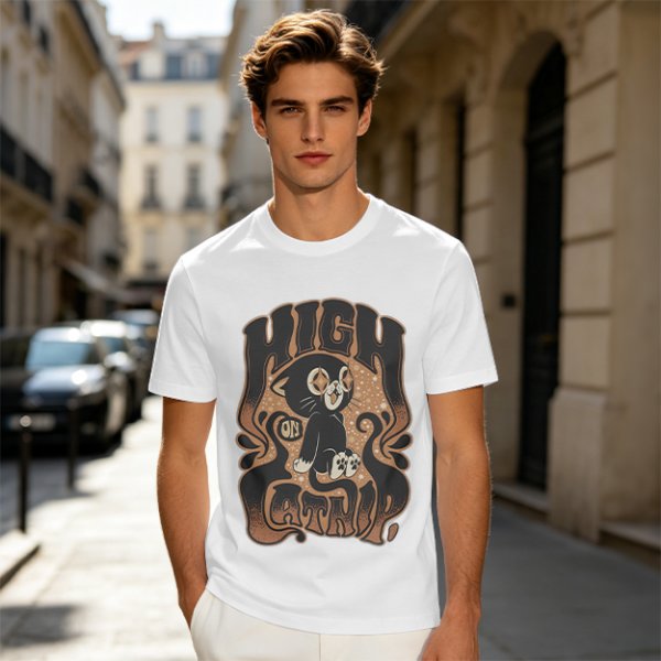 Olive green graphic t-shirt with a high on catip black cat print