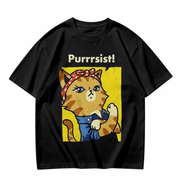 Olive green t-shirt with a cat in a Rosie the Riveter pose and 'Purrrsist!' text