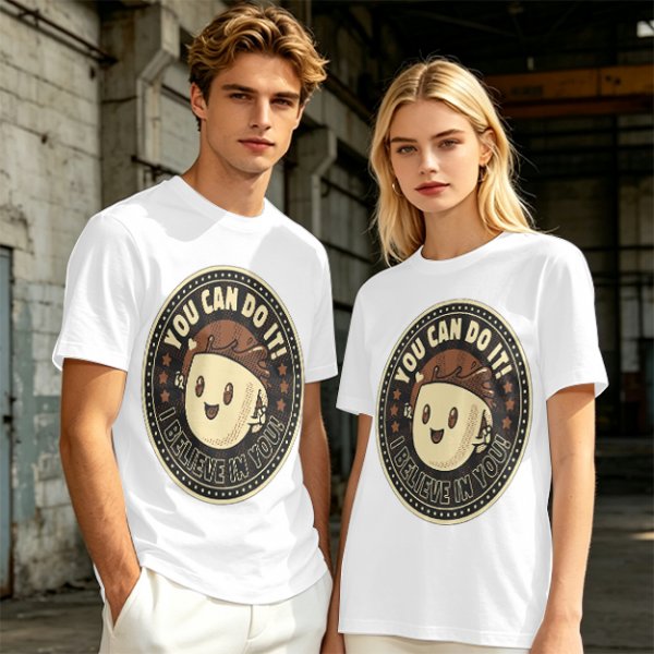 Olive green t-shirt with encouraging coffee character graphic and motivational text