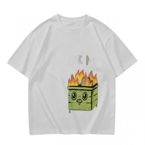 Olive Green T-Shirt With Cartoon Burning Dumpster Graphic