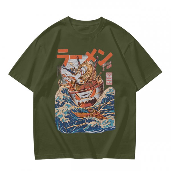 Olive T-Shirt With Great Wave Inspired Monster Ramen Bowl Art