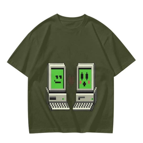 Olive T-shirt with pixel art retro computer characters print