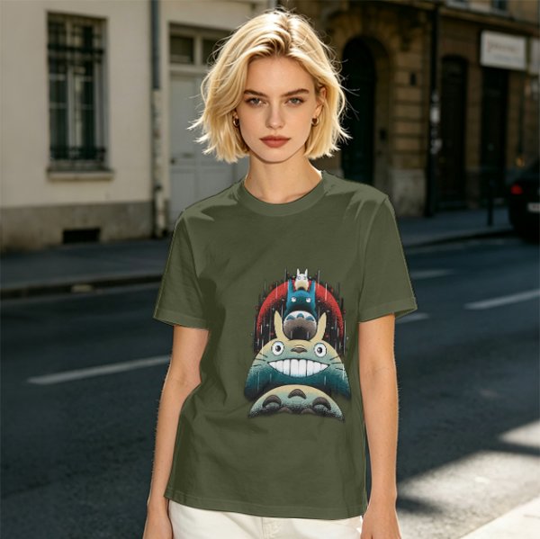 Olive green t-shirt with stacked Totoro characters graphic