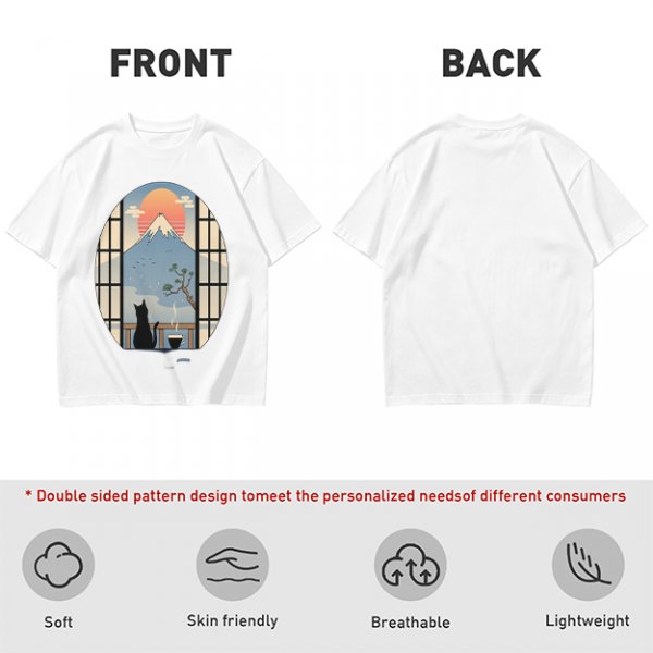 Olive T-shirt with Black Cat Viewing Mount Fuji Sunrise Art
