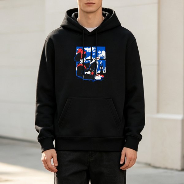 Black hoodie with anime witch and cat window print