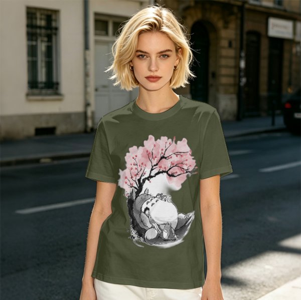 Olive T-shirt with Totoro and Cherry Blossom Tree Art Print