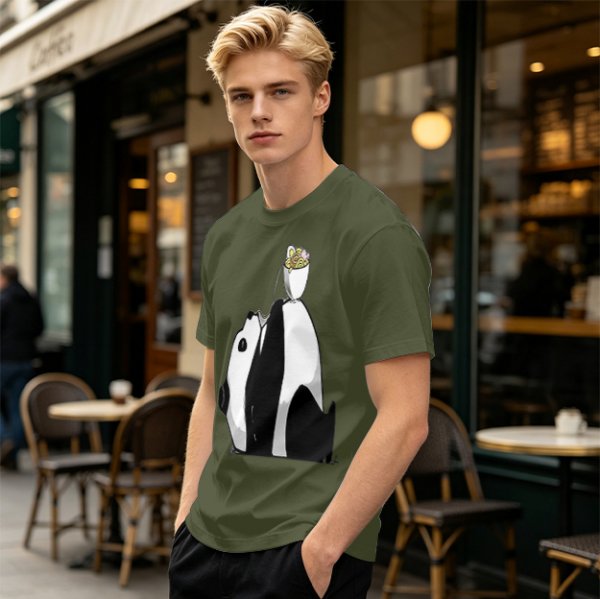 Olive T-Shirt With Panda Balancing Ramen Bowl Print