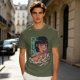 Olive anime graphic t-shirt with girl eating ramen and Japanese text