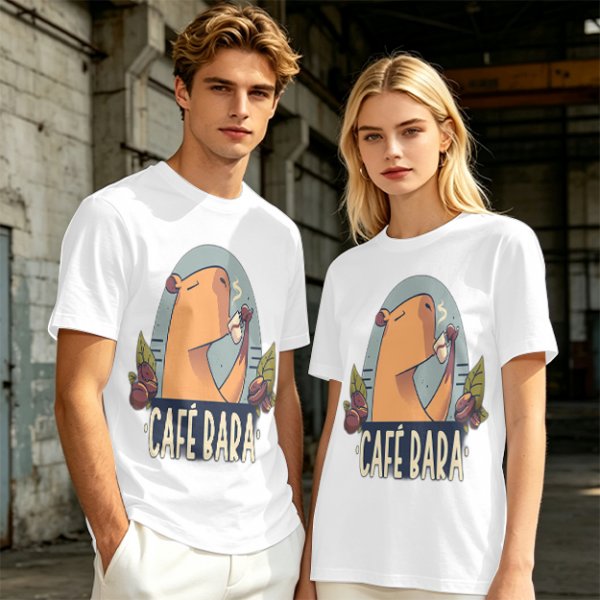 Olive t-shirt with capybara drinking coffee graphic