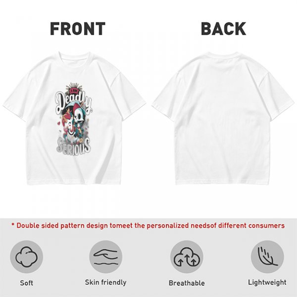 Olive graphic t-shirt with 'I Am Deadly Serious' and unicorn grim reaper art