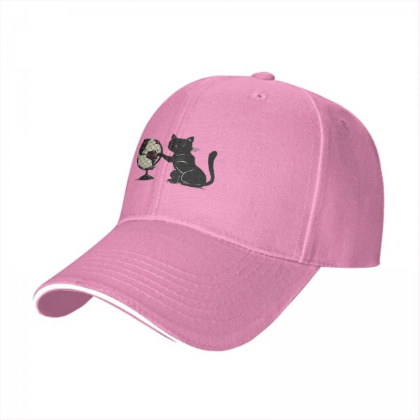 Black Baseball Cap With Cat Reaching For Globe Print