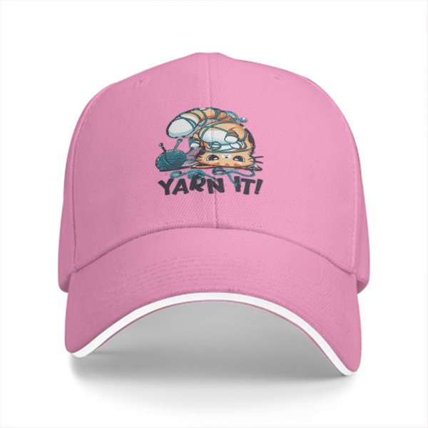 Black baseball cap with tangled orange cat and yarn it graphic