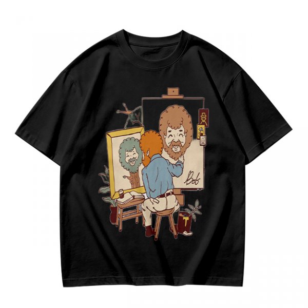 Olive Green T-Shirt With Cartoon Artist Painting Self Portrait Artwork