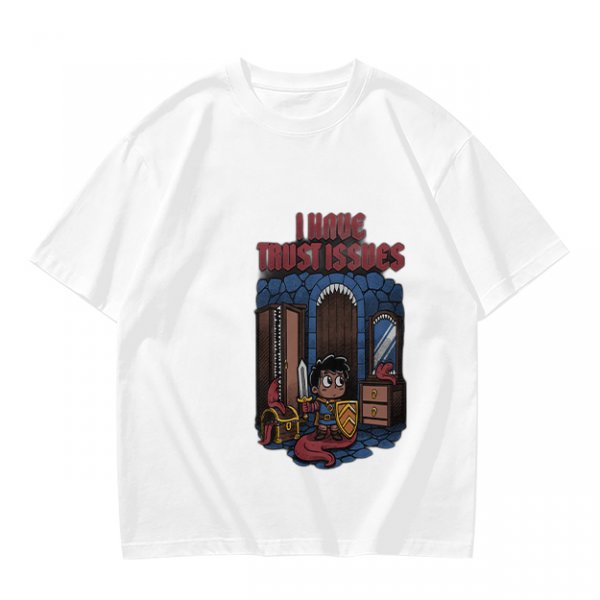 Olive t-shirt with 'I Have Trust Issues' chibi knight graphic