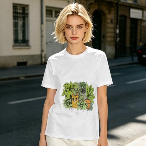 Olive T-Shirt With Playful Cat And House Plants Graphic