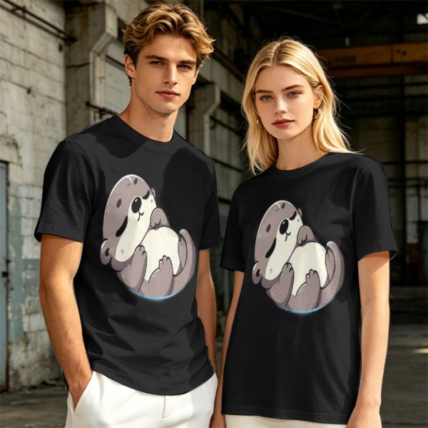 Olive Green T-Shirt with Cute Sleeping Otter Graphic