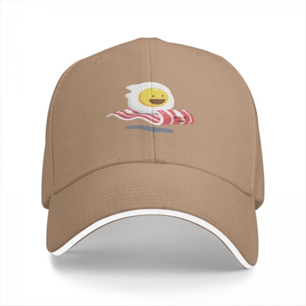Black Baseball Cap with Smiling Fried Egg and Bacon Print