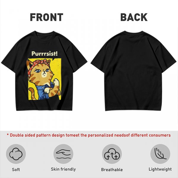 Olive green t-shirt with a cat in a Rosie the Riveter pose and 'Purrrsist!' text