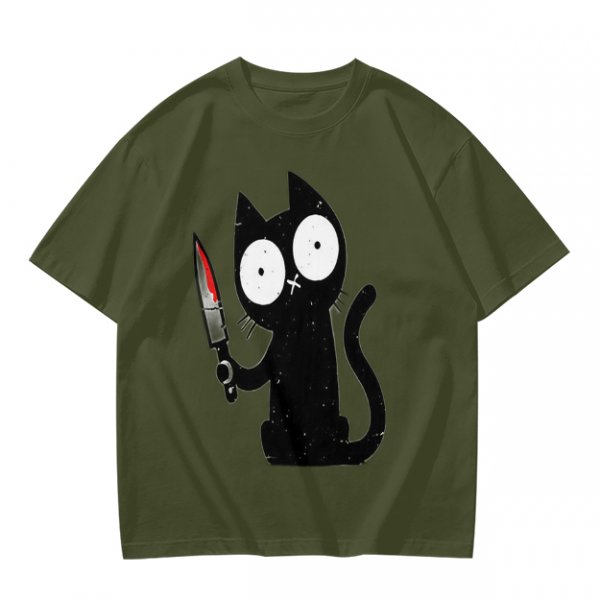 Olive T-shirt with a black cartoon cat holding a bloodied knife